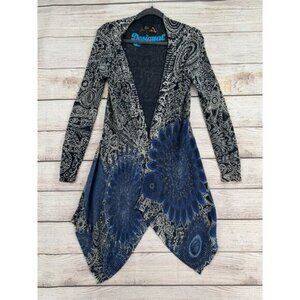 Desigual Open Front Waterfall‎ Floral Cardigan Sweater Women's XS Blue/White